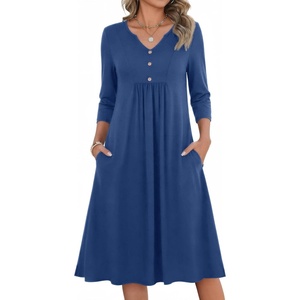 Zeagoo Womens Dresses 3/4 Sleeve Casual Fall A Line Midi Dress with Pockets(Navy Blue 01)