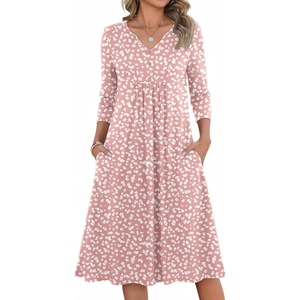 Zeagoo Womens Dresses 3/4 Sleeve Casual Fall A Line Midi Dress with Pockets(Pink Dot)