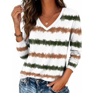 Zeagoo Womens Shirts Long Sleeve Tops V Neck Casual Basic Tee Fall Outfits(Tie Dye Stripe Print)