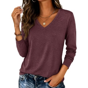 Zeagoo Womens Shirts Long Sleeve Tops V Neck Casual Basic Tee Fall Outfits(Wine Red)