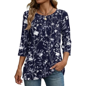 Zeagoo Womens Tops 3/4 Sleeve Blouses Dressy Casual Shirt Pleated Tunic(Floral Navy 180)