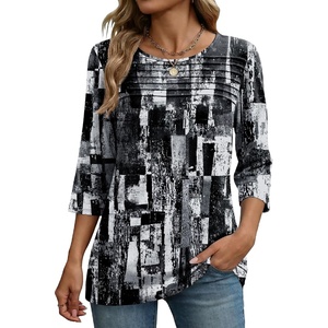 Zeagoo Womens Tops 3/4 Sleeve Blouses Dressy Casual Shirt Pleated Tunic(Printed Black White 332)