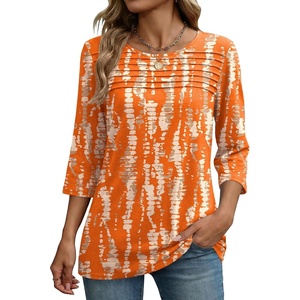 Zeagoo Womens Tops 3/4 Sleeve Blouses Dressy Casual Shirt Pleated Tunic(Tie-dry 466)