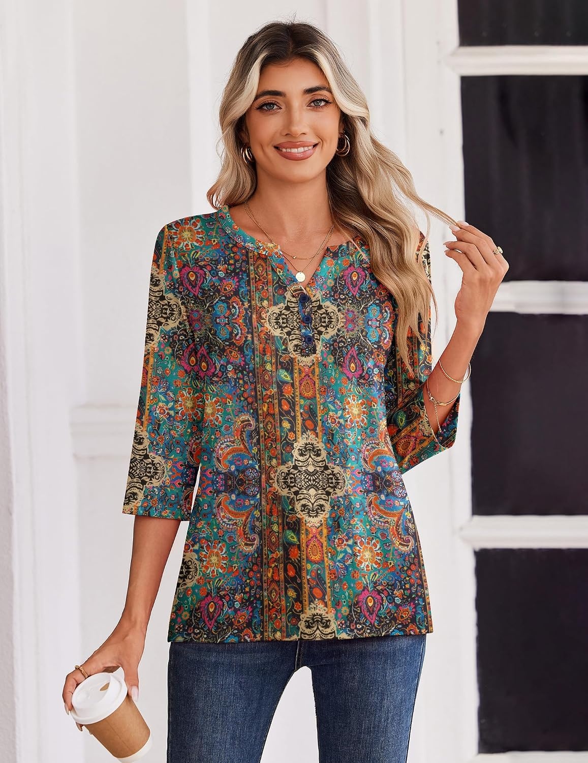 image:imageZeagoo 34 Length Sleeve Womens Tops Casual Dressy Summer Fall ShirtsWhite Floral