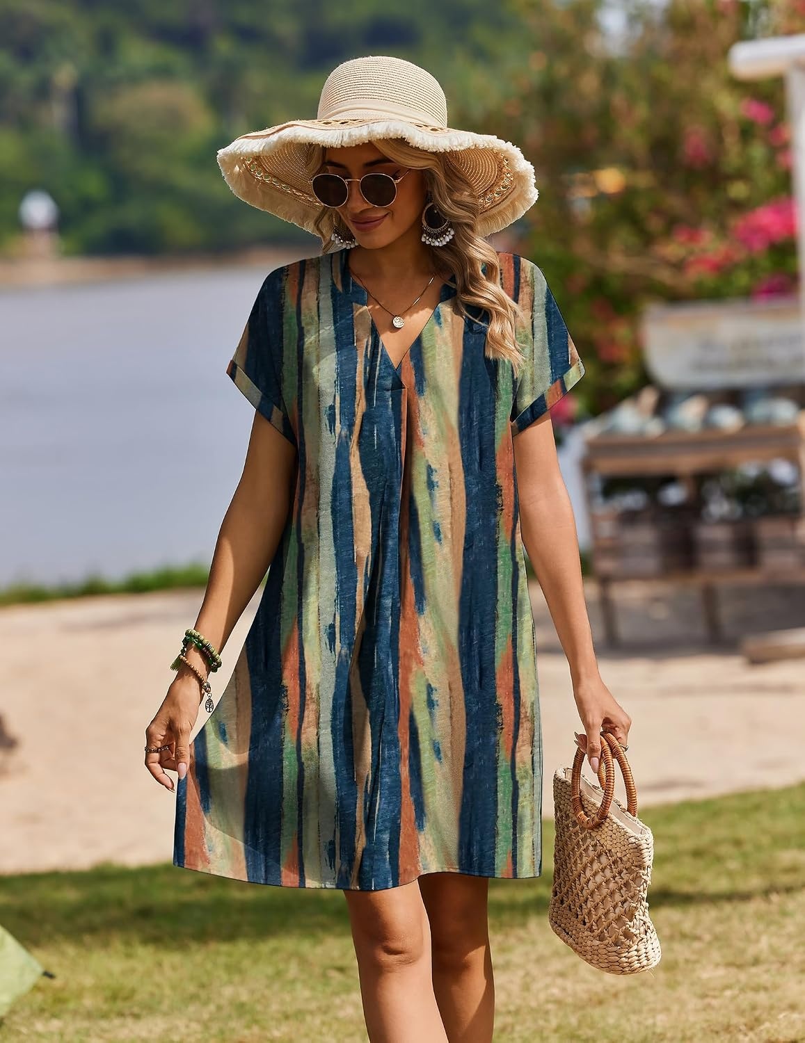 image:imageZeagoo Summer Dresses for Women Shift Dress Casual Mini Vacation SundressKhaki Tie Dye