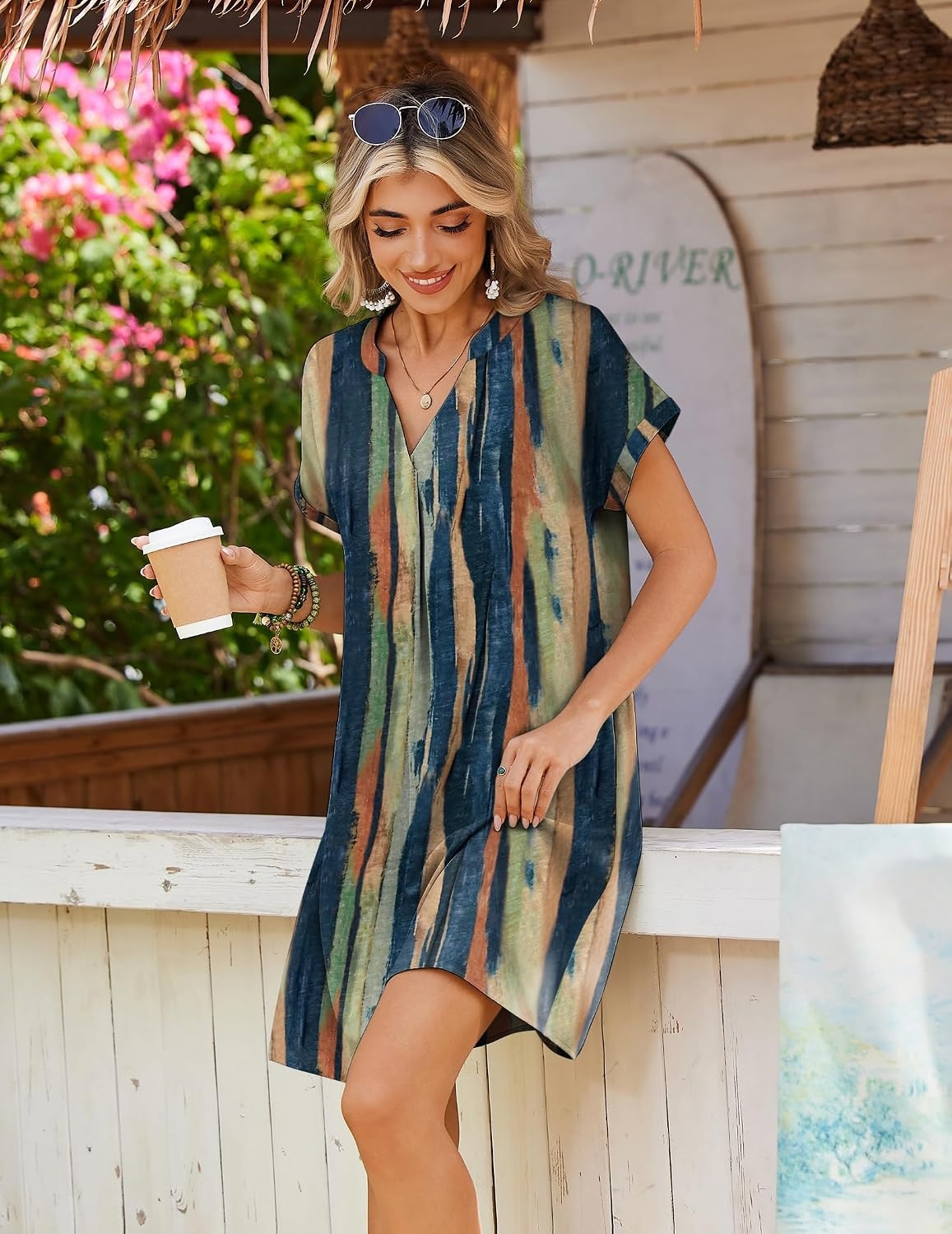 image:imageZeagoo Summer Dresses for Women Shift Dress Casual Mini Vacation SundressKhaki Tie Dye