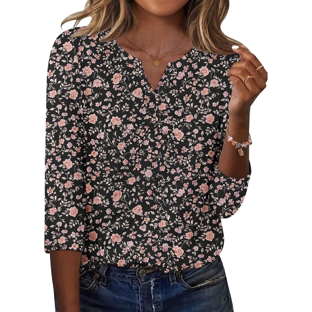 image:imageZeagoo 34 Length Sleeve Womens Tops Casual Dressy Summer Fall ShirtsBlack Floral