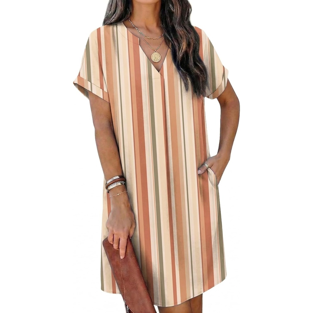 image:imageZeagoo Summer Dresses for Women Shift Dress Casual Mini Vacation SundressKhaki Stripe
