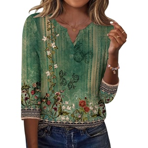 Zeagoo 3/4 Length Sleeve Womens Tops Casual Dressy Summer Fall Shirts(Green Floral)