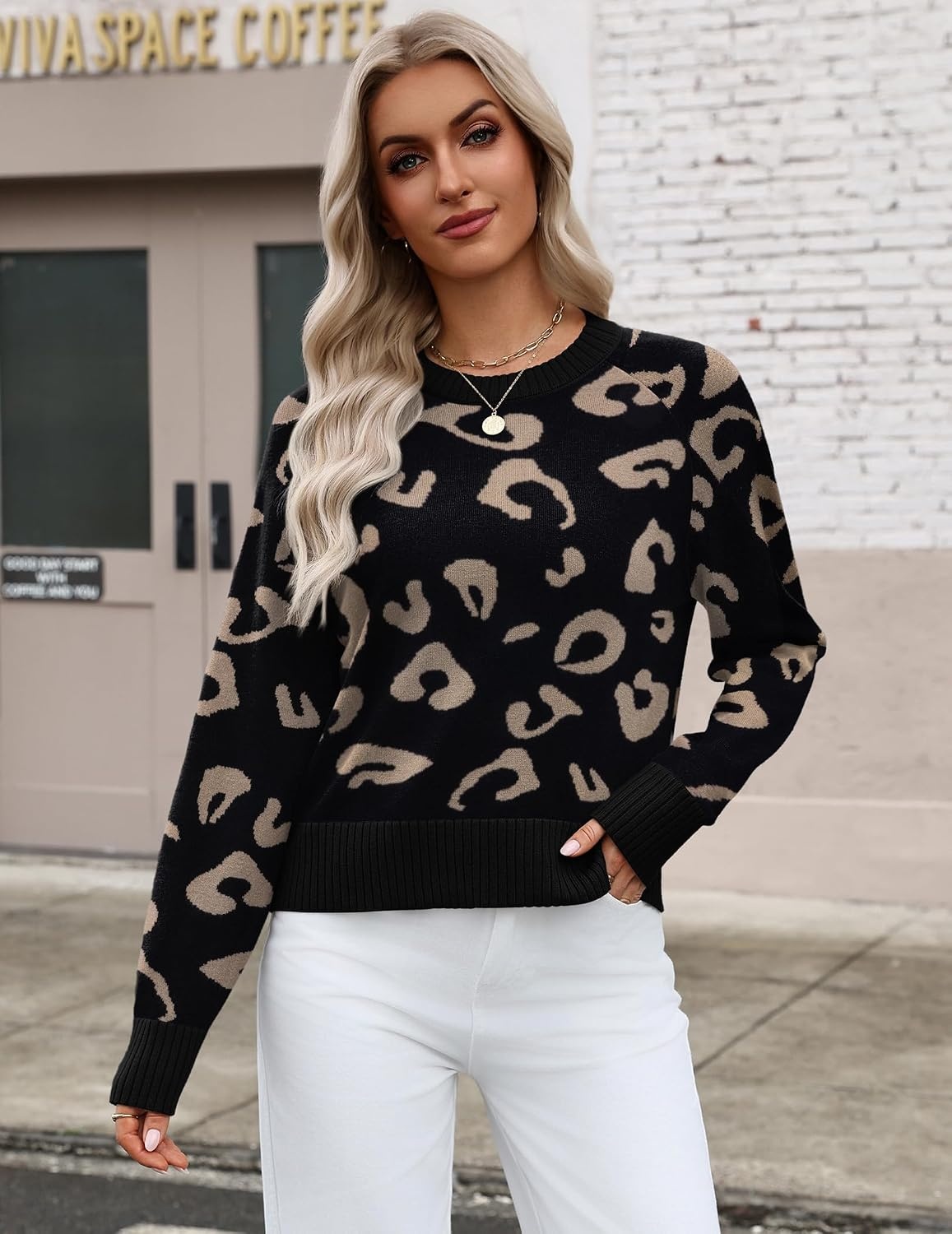 image:imageZeagoo Sweaters for Women Cropped Crewneck Basic 2026 Trendy Fall TopsBlack Leopard Print