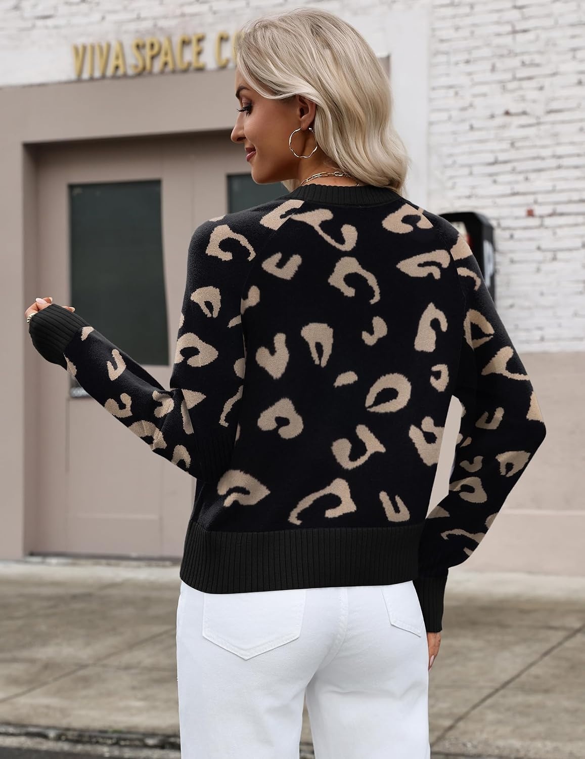 image:imageZeagoo Sweaters for Women Cropped Crewneck Basic 2026 Trendy Fall TopsBlack Leopard Print