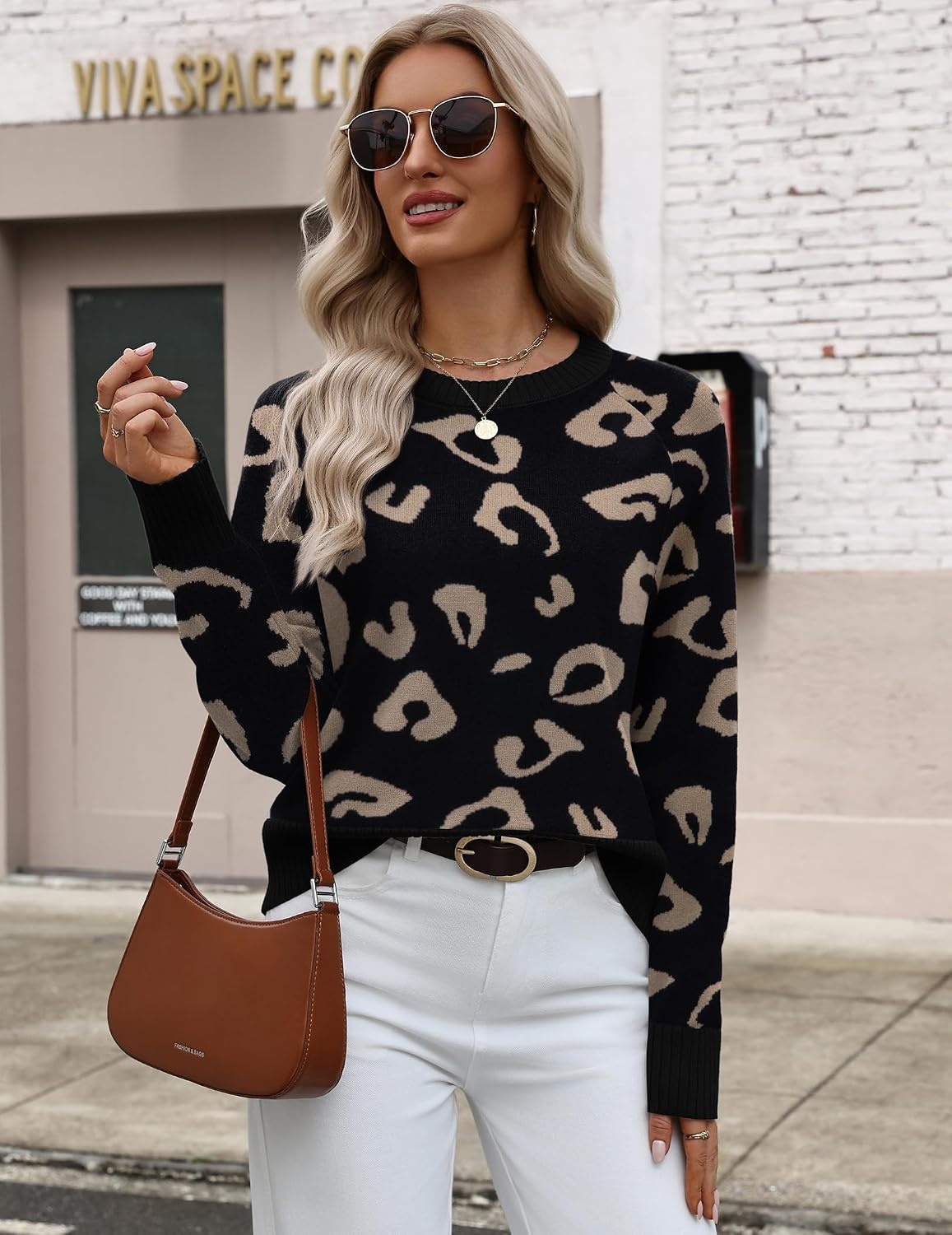 image:imageZeagoo Sweaters for Women Cropped Crewneck Basic 2026 Trendy Fall TopsBlack Leopard Print