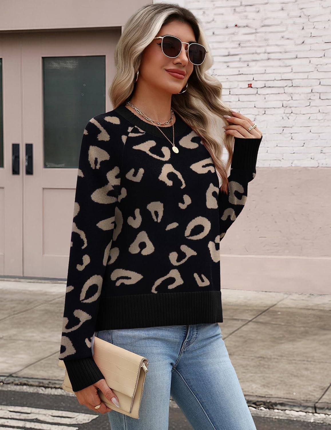 image:imageZeagoo Sweaters for Women Cropped Crewneck Basic 2026 Trendy Fall TopsBlack Leopard Print