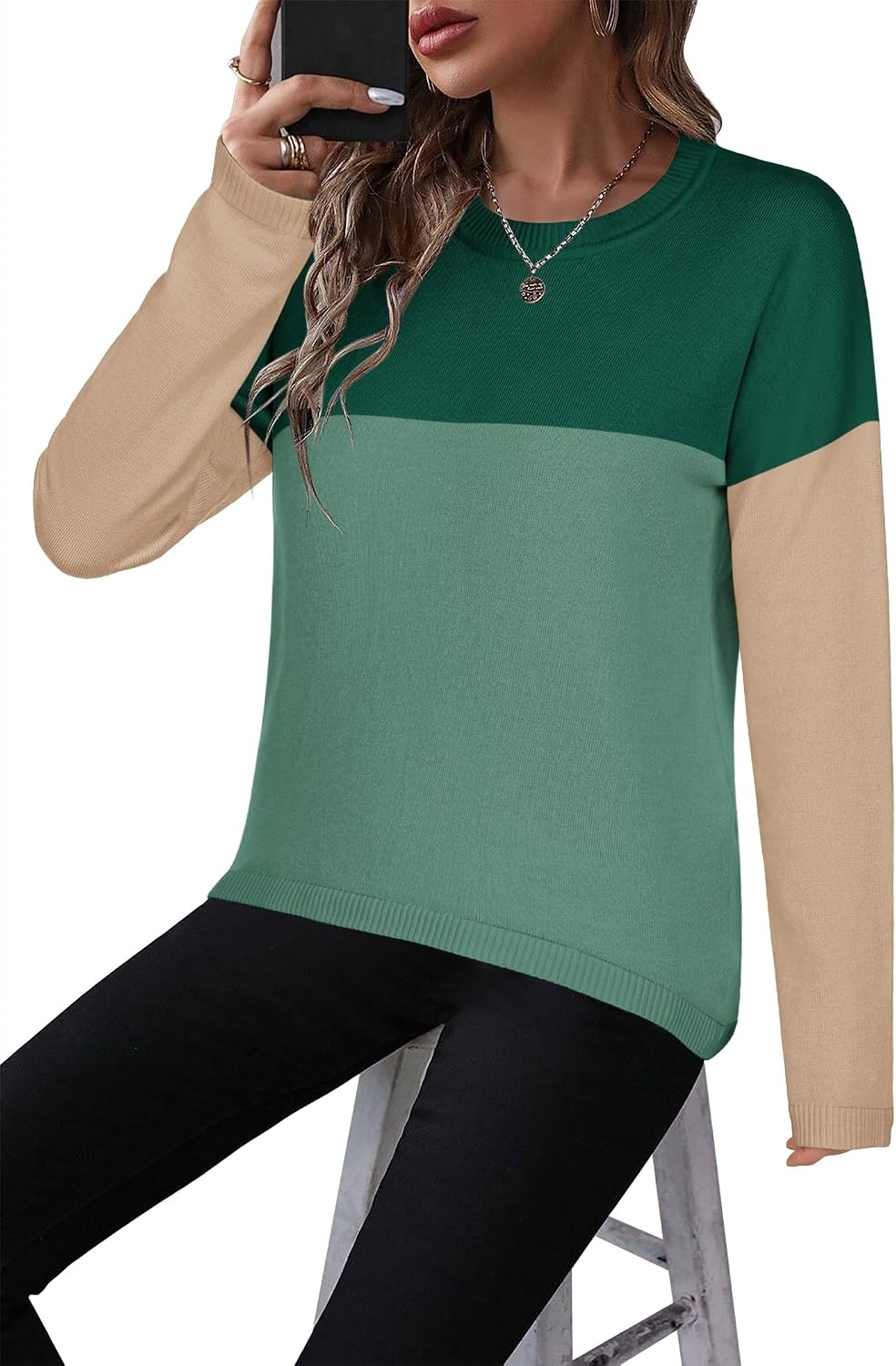 image:imageZeagoo Sweaters for Women Fall Outfits Trendy 2026 Long Sleeve Shirts Bussiness Casual Knit Pullover Sweater TopsColor Block 3 Green