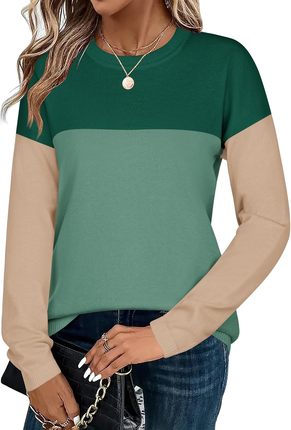 image:imageZeagoo Sweaters for Women Fall Outfits Trendy 2026 Long Sleeve Shirts Bussiness Casual Knit Pullover Sweater TopsColor Block 3 Green