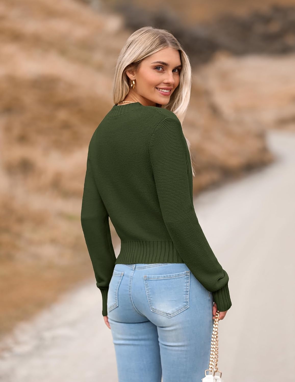 image:imageZeagoo Womens 2026 Fall Crewneck Cropped Sweaters Long Sleeve Knit TopsArmy Green