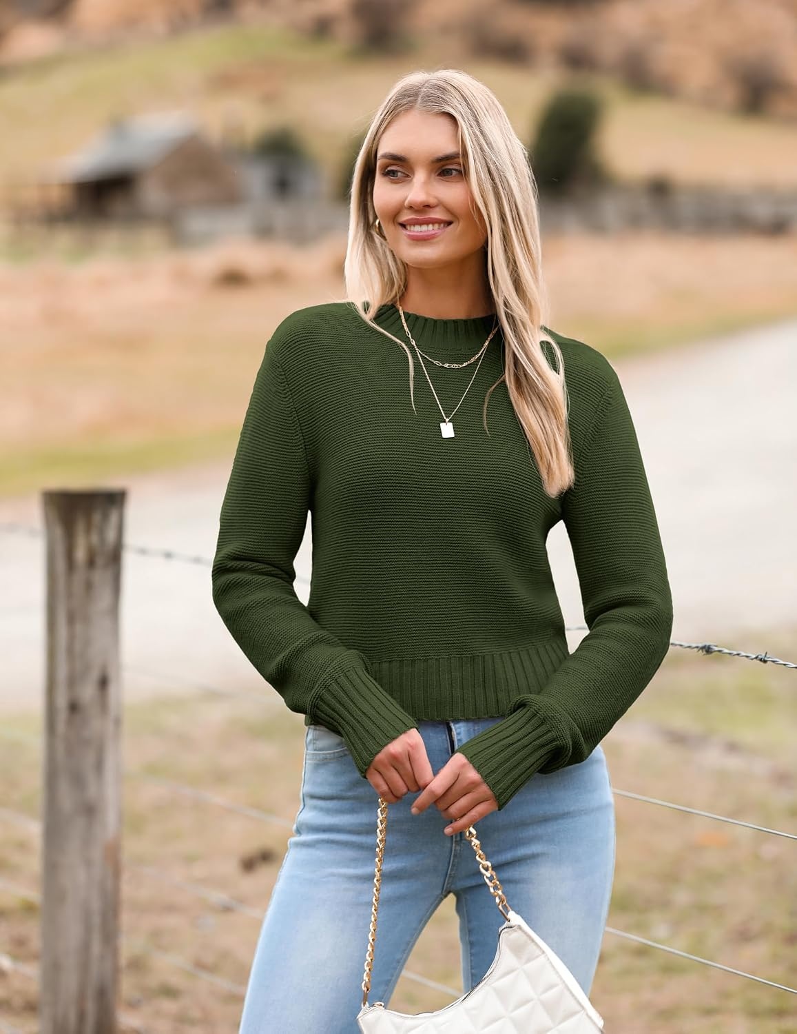 image:imageZeagoo Womens 2026 Fall Crewneck Cropped Sweaters Long Sleeve Knit TopsArmy Green