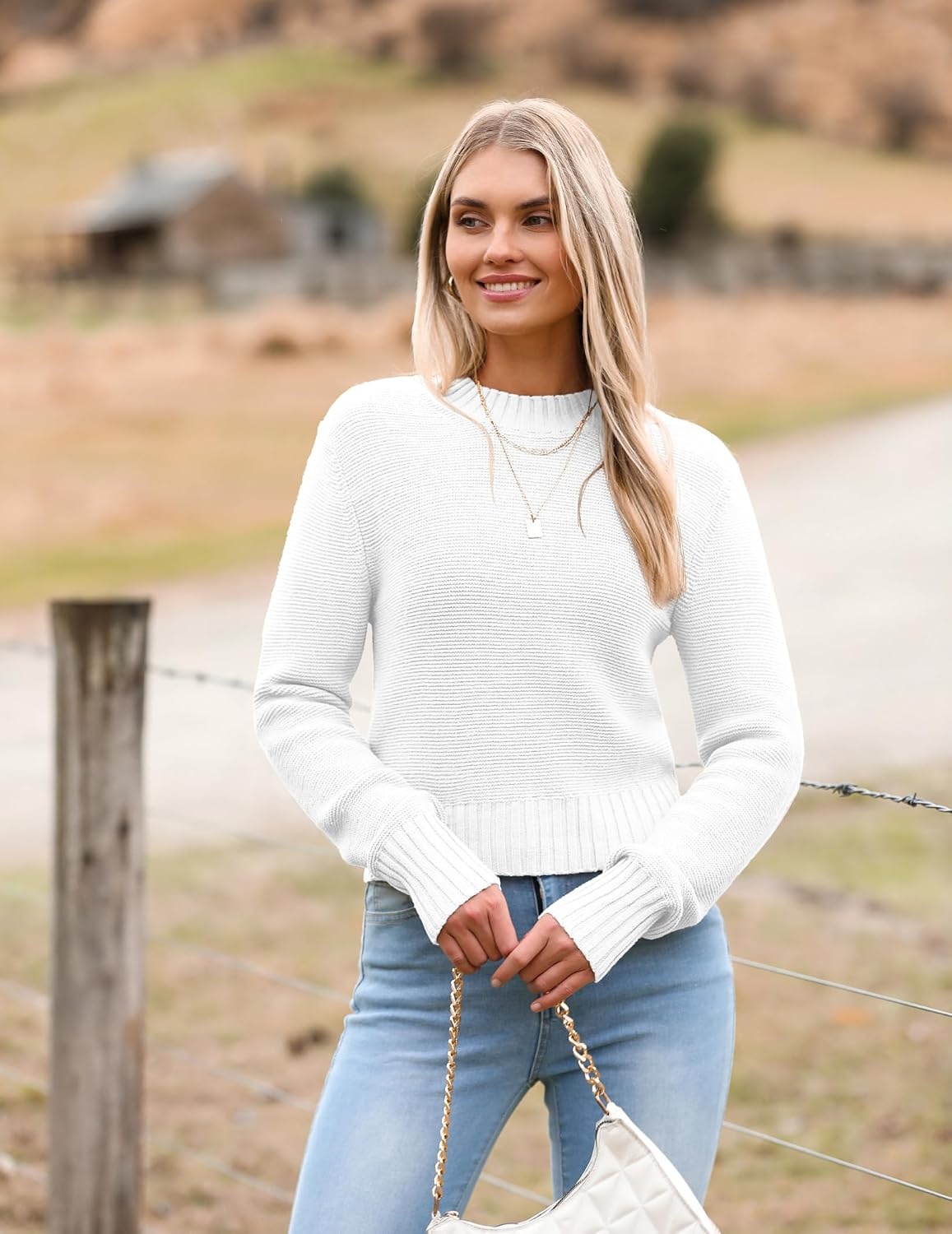 image:imageZeagoo Womens 2026 Fall Crewneck Cropped Sweaters Long Sleeve Knit TopsAwhite
