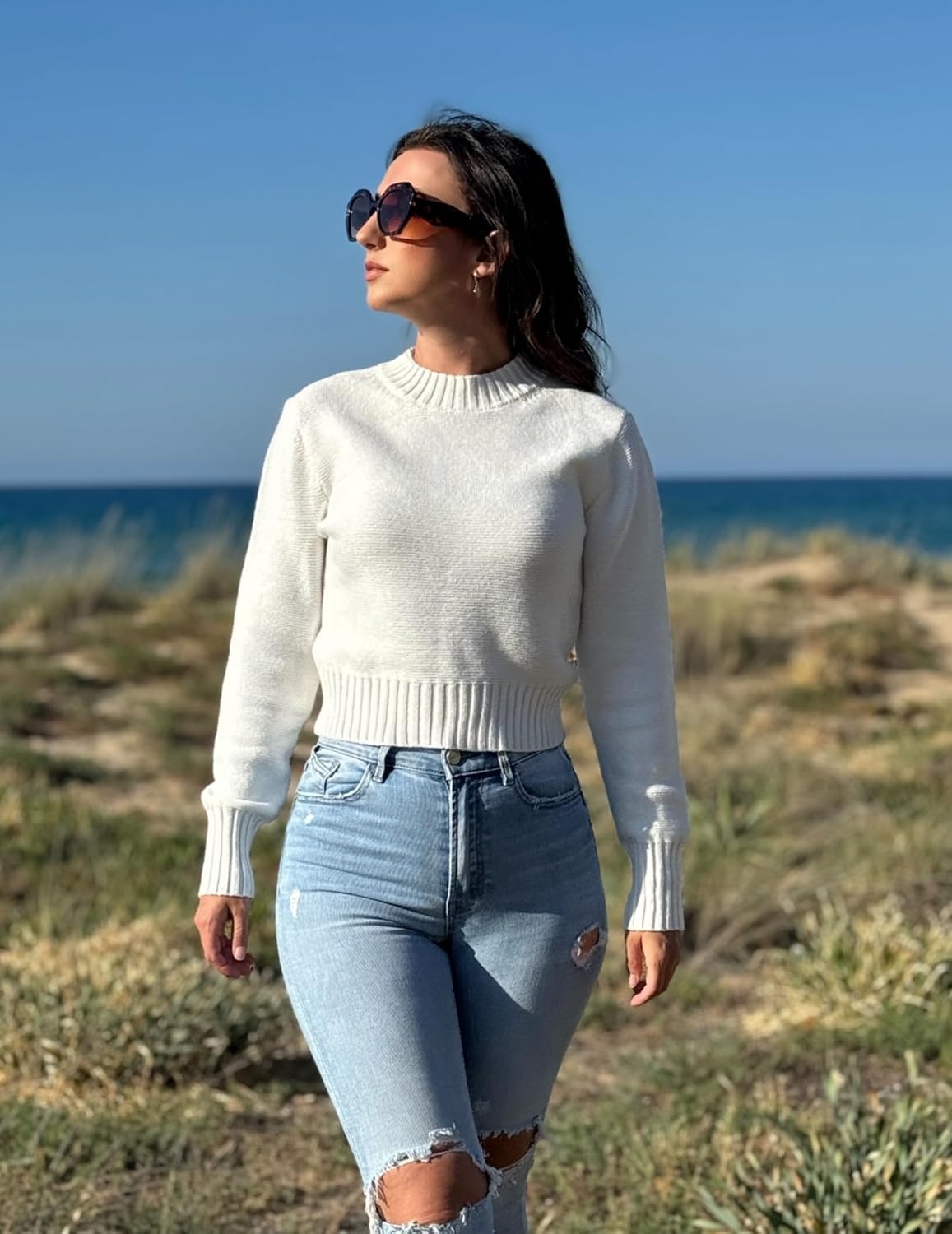 image:imageZeagoo Womens 2026 Fall Crewneck Cropped Sweaters Long Sleeve Knit TopsAwhite