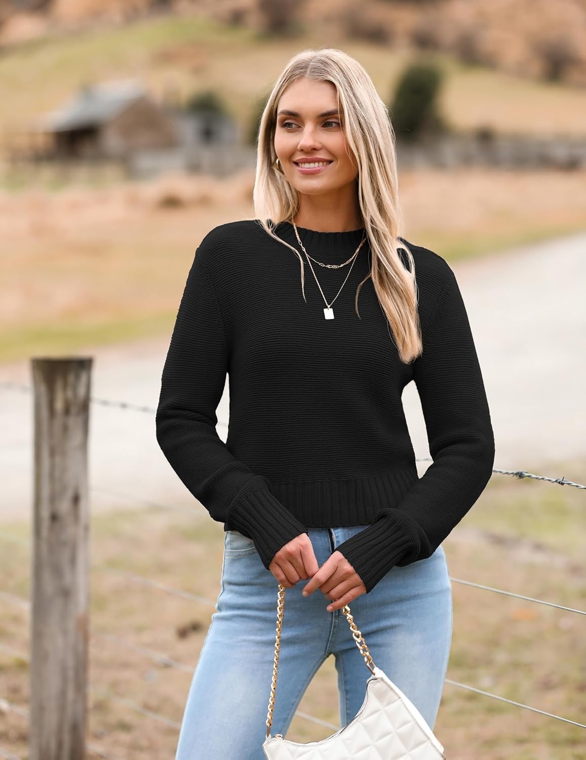 image:imageZeagoo Womens 2026 Fall Crewneck Cropped Sweaters Long Sleeve Knit TopsBlack