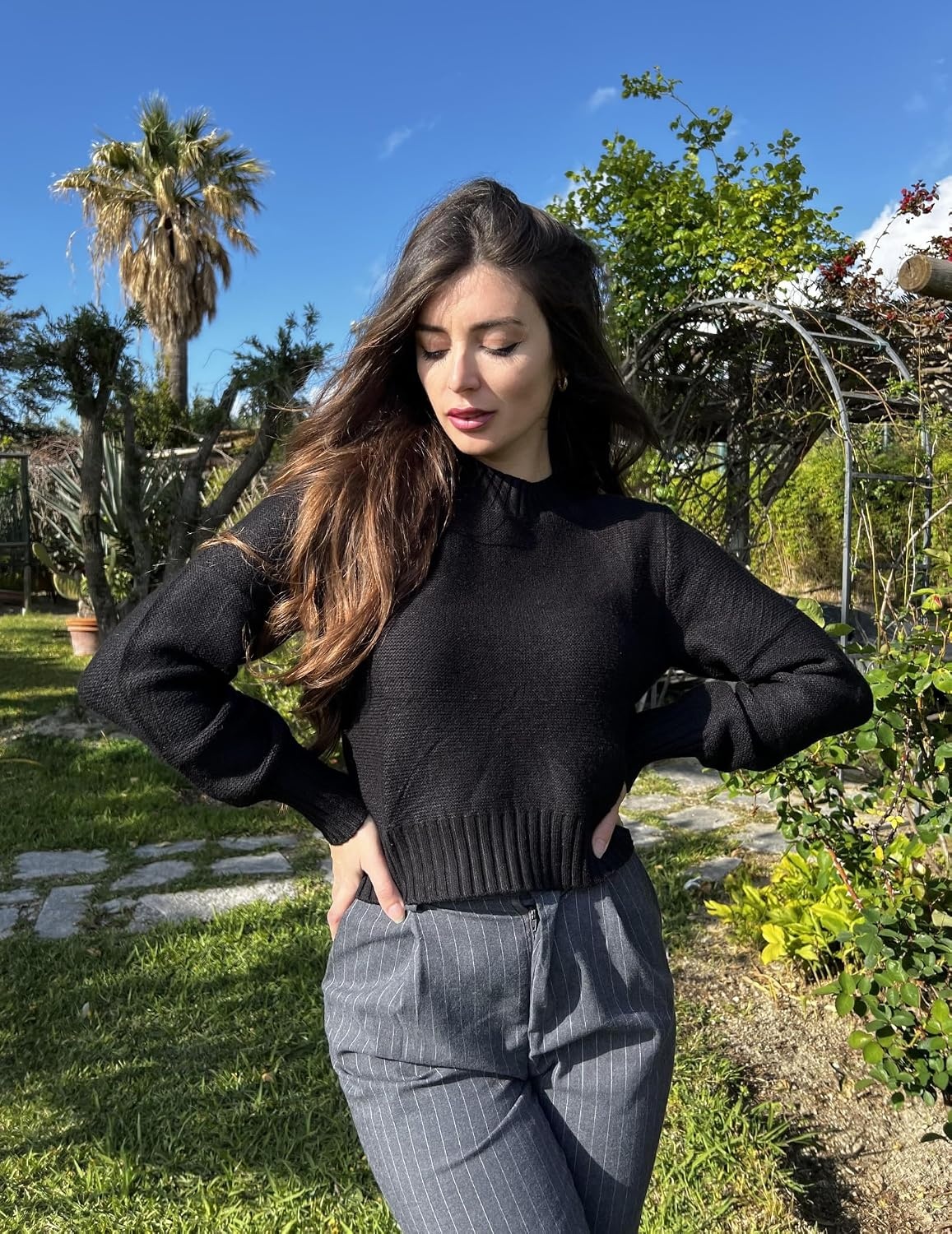 image:imageZeagoo Womens 2026 Fall Crewneck Cropped Sweaters Long Sleeve Knit TopsBlack