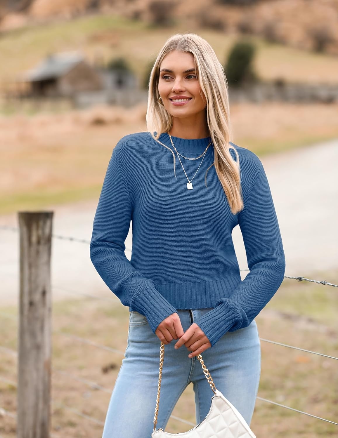 image:imageZeagoo Womens 2026 Fall Crewneck Cropped Sweaters Long Sleeve Knit TopsBlue