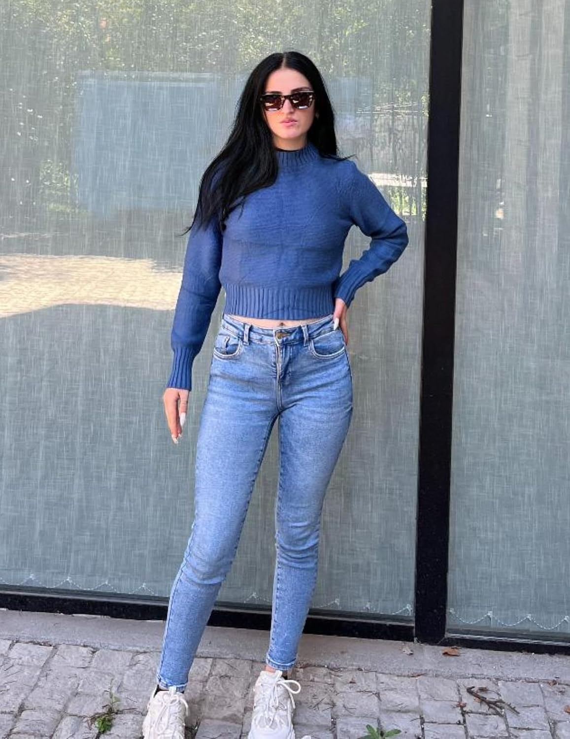 image:imageZeagoo Womens 2026 Fall Crewneck Cropped Sweaters Long Sleeve Knit TopsBlue
