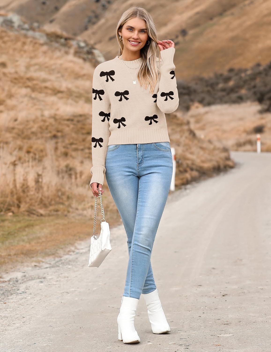 image:imageZeagoo Womens 2026 Fall Crewneck Cropped Sweaters Long Sleeve Knit TopsBowknot Beige