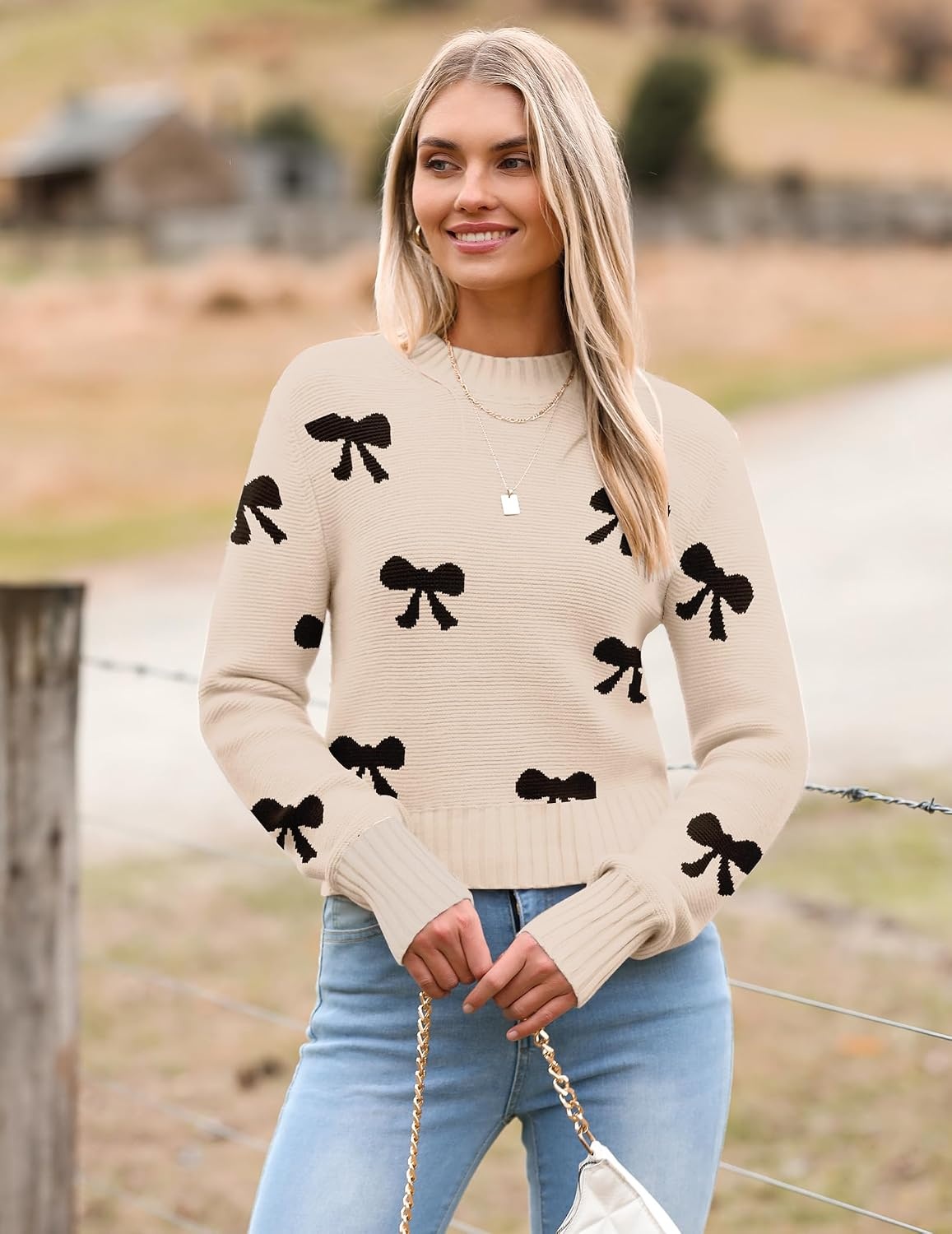 image:imageZeagoo Womens 2026 Fall Crewneck Cropped Sweaters Long Sleeve Knit TopsBowknot Beige