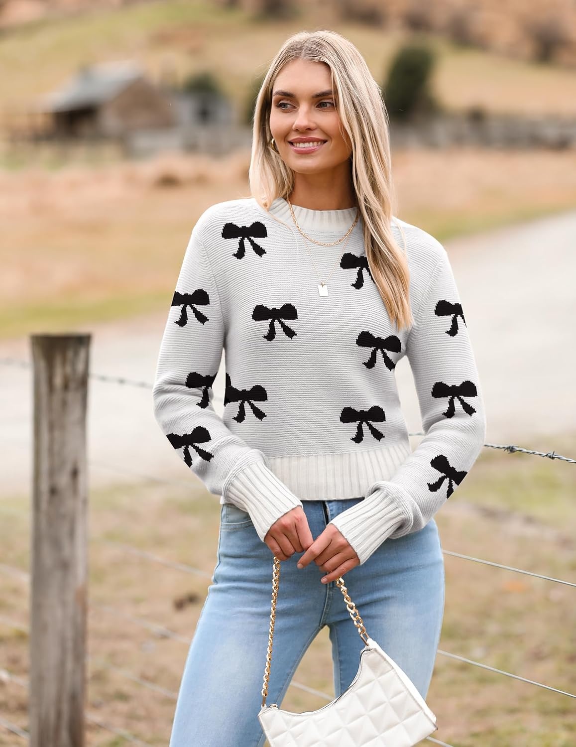 image:imageZeagoo Womens 2026 Fall Crewneck Cropped Sweaters Long Sleeve Knit TopsBowknot White