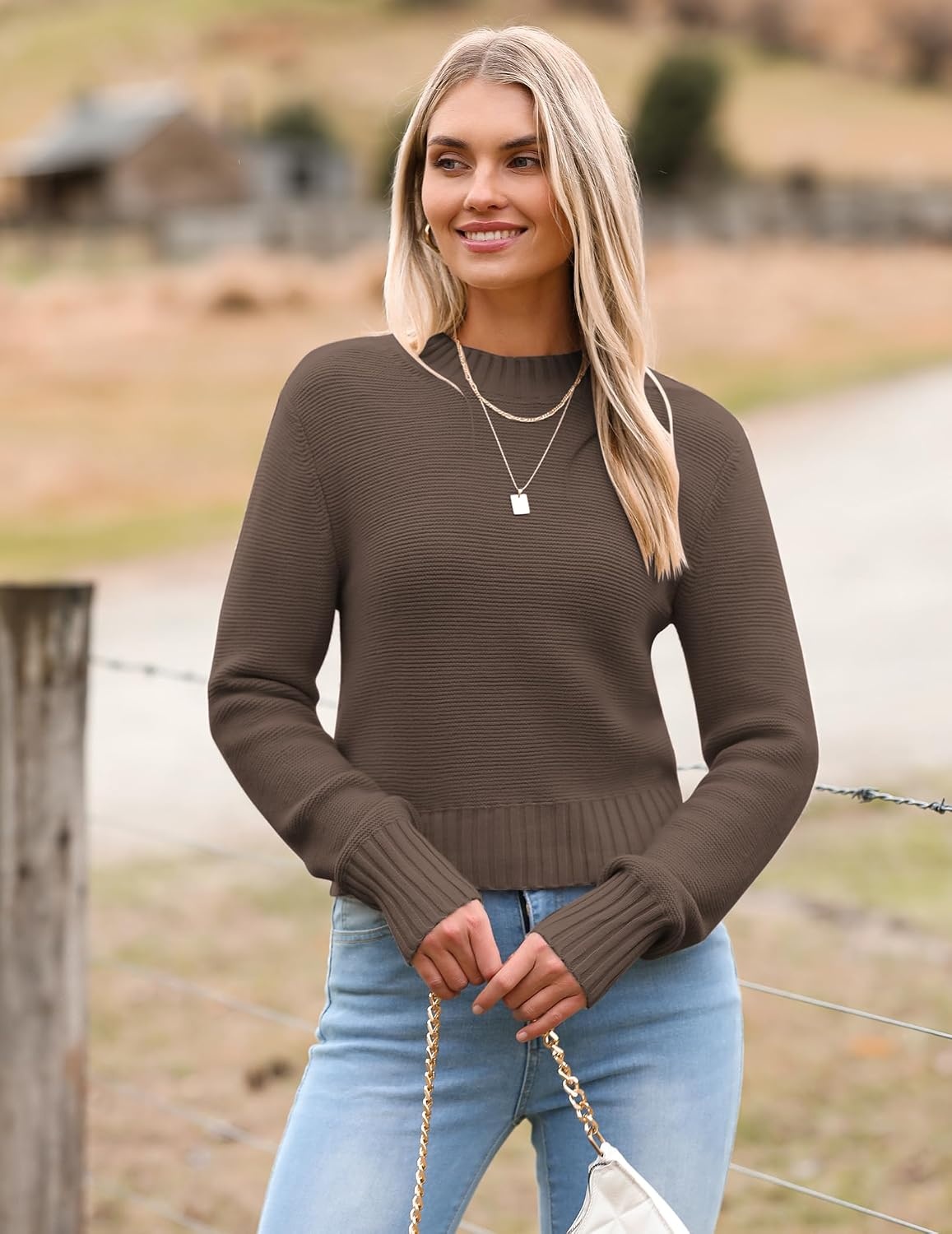 image:imageZeagoo Womens 2026 Fall Crewneck Cropped Sweaters Long Sleeve Knit TopsCoffee