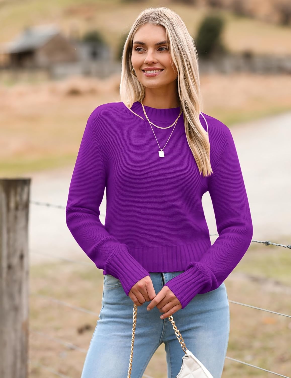image:imageZeagoo Womens 2026 Fall Crewneck Cropped Sweaters Long Sleeve Knit TopsDark Purple