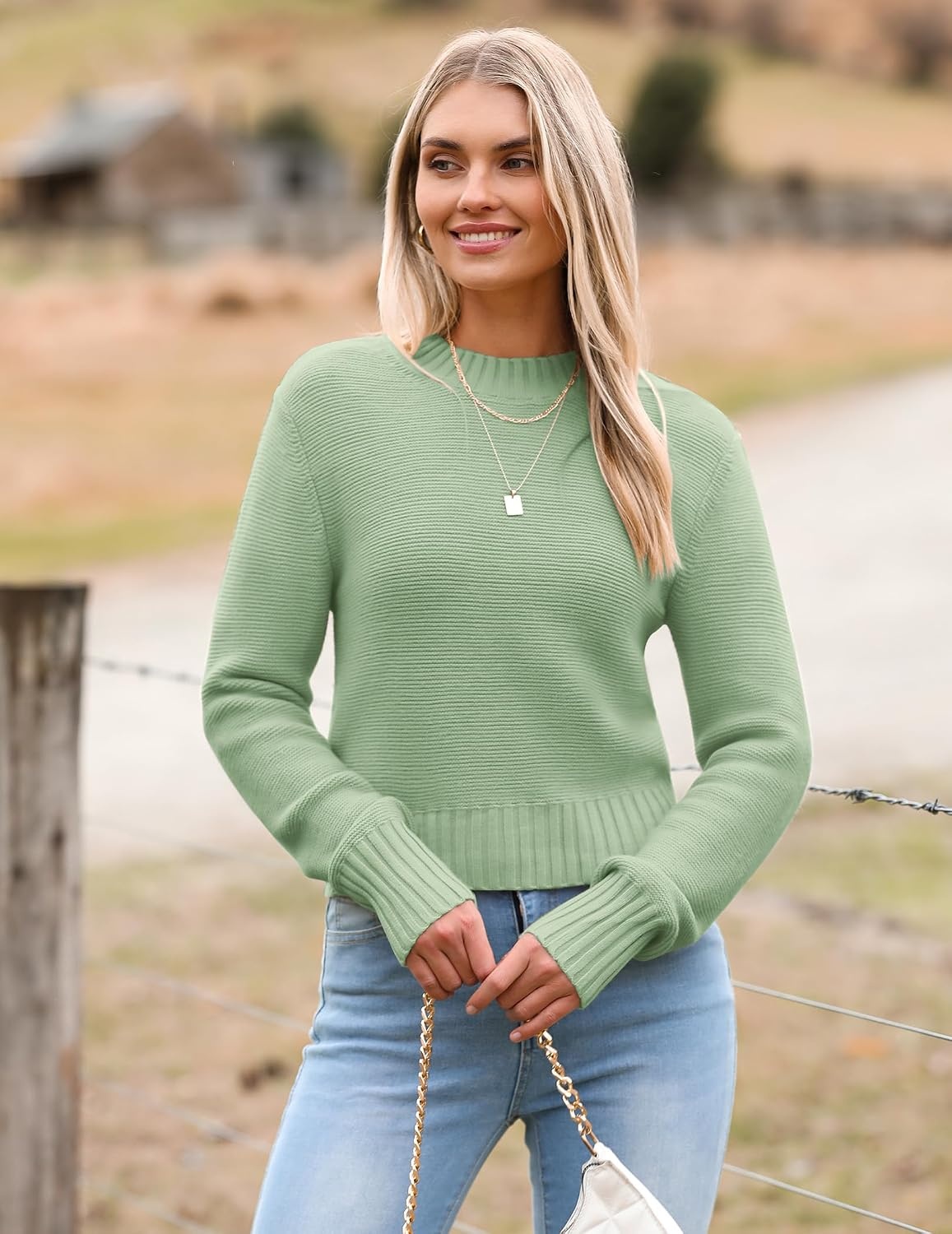 image:imageZeagoo Womens 2026 Fall Crewneck Cropped Sweaters Long Sleeve Knit TopsGreen