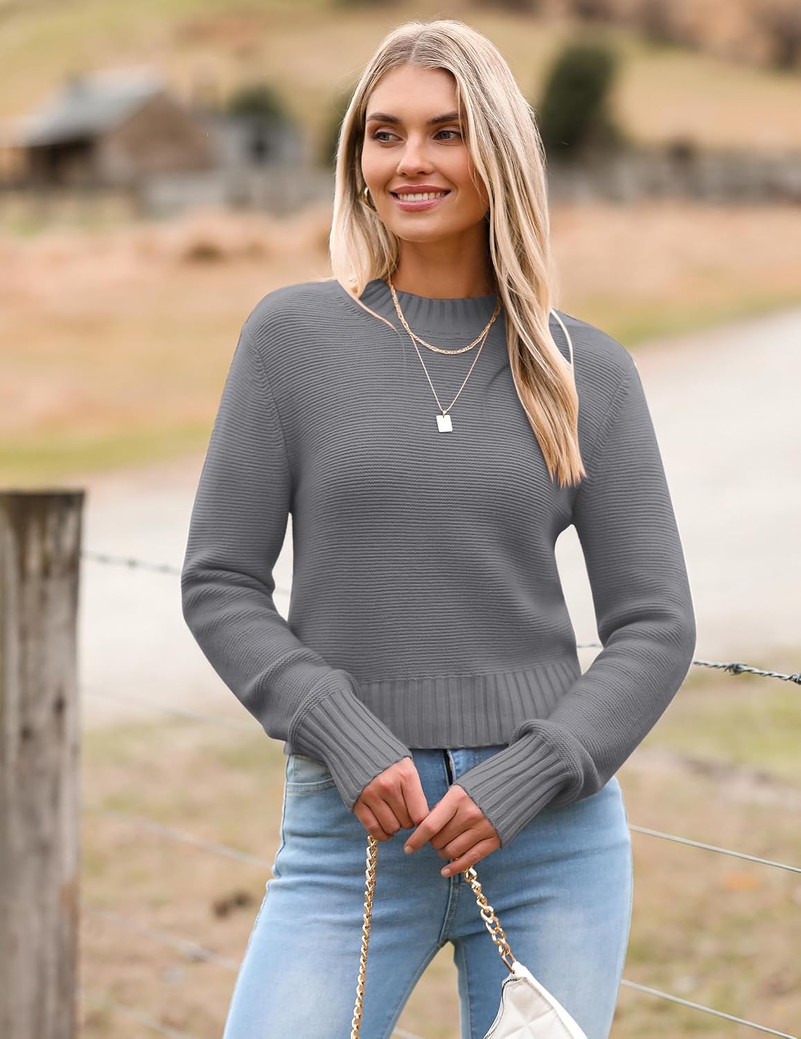 image:imageZeagoo Womens 2026 Fall Crewneck Cropped Sweaters Long Sleeve Knit TopsGrey