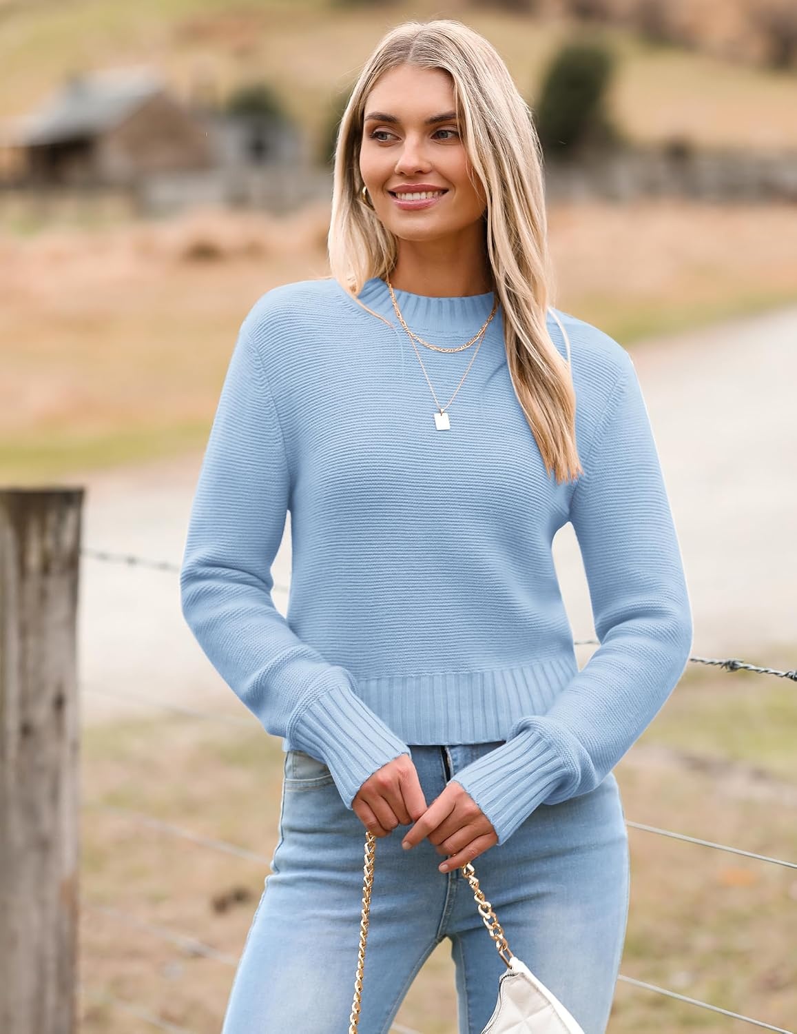 image:imageZeagoo Womens 2026 Fall Crewneck Cropped Sweaters Long Sleeve Knit TopsLight Blue