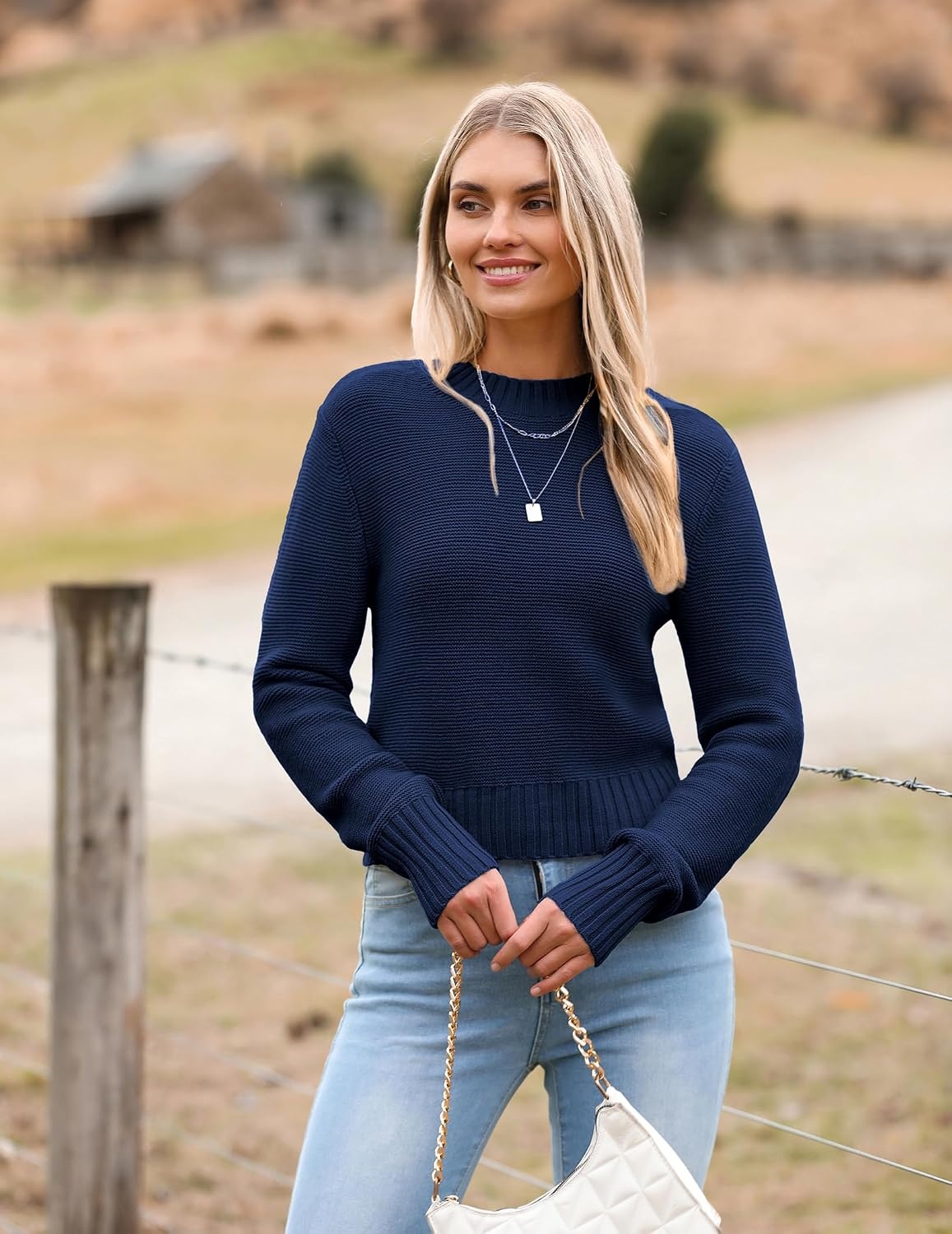 image:imageZeagoo Womens 2026 Fall Crewneck Cropped Sweaters Long Sleeve Knit TopsNavy Blue