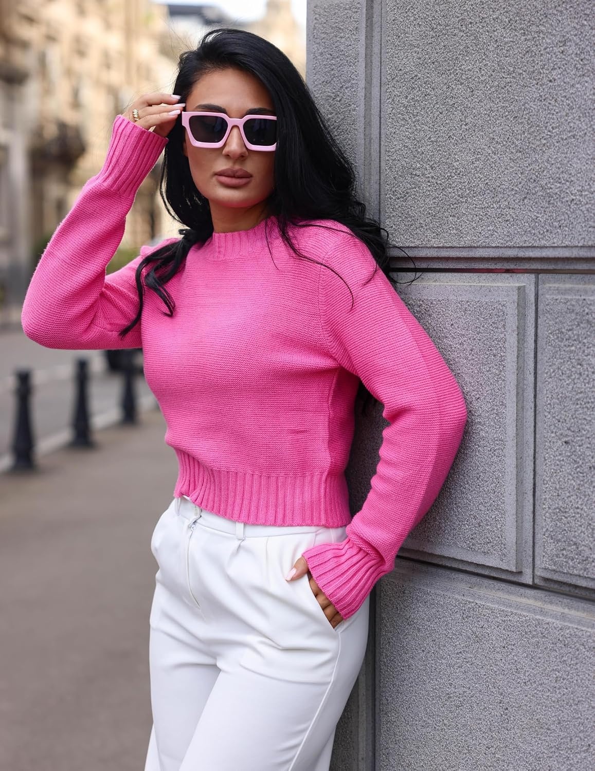 image:imageZeagoo Womens 2026 Fall Crewneck Cropped Sweaters Long Sleeve Knit TopsPink