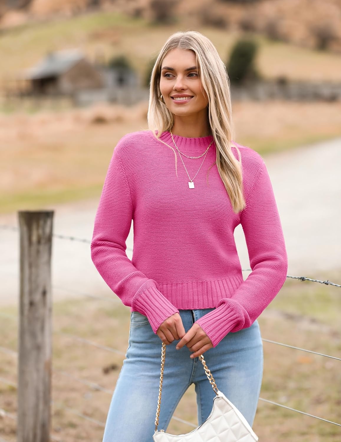 image:imageZeagoo Womens 2026 Fall Crewneck Cropped Sweaters Long Sleeve Knit TopsPink