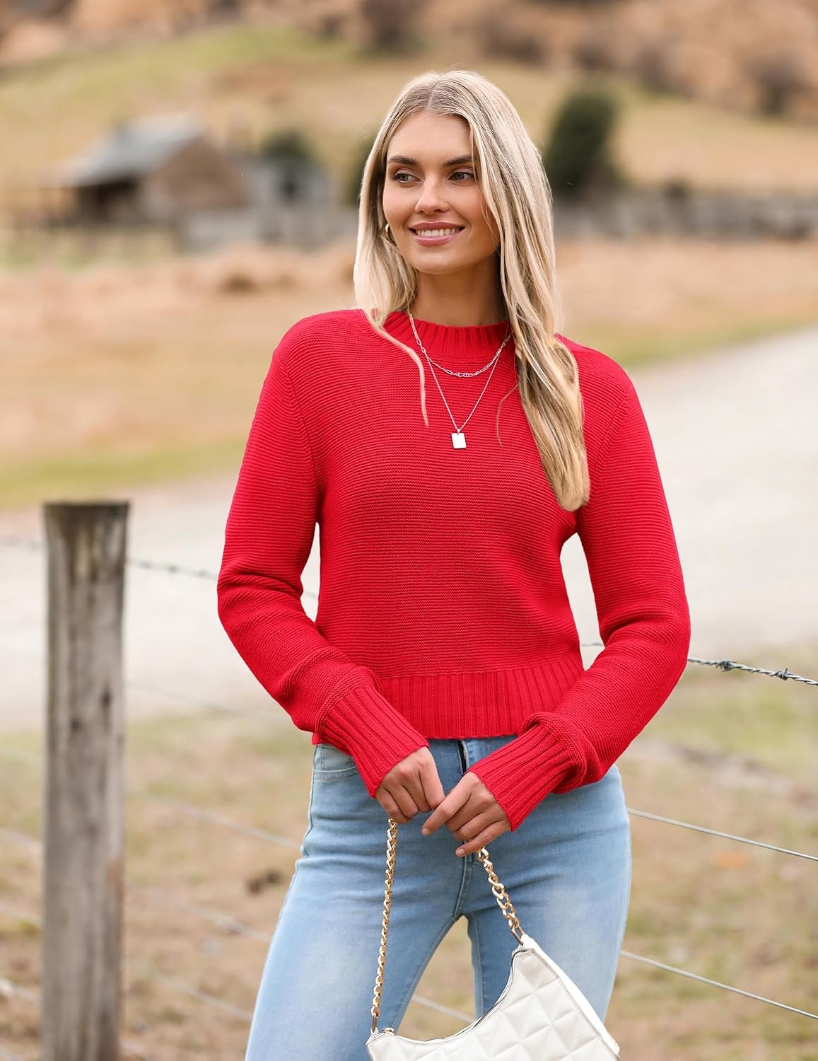 image:imageZeagoo Womens 2026 Fall Crewneck Cropped Sweaters Long Sleeve Knit TopsRed
