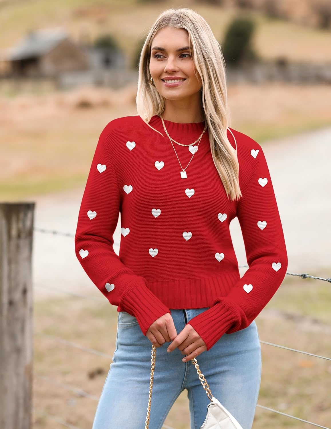 image:imageZeagoo Womens 2026 Fall Crewneck Cropped Sweaters Long Sleeve Knit TopsRed White Heart