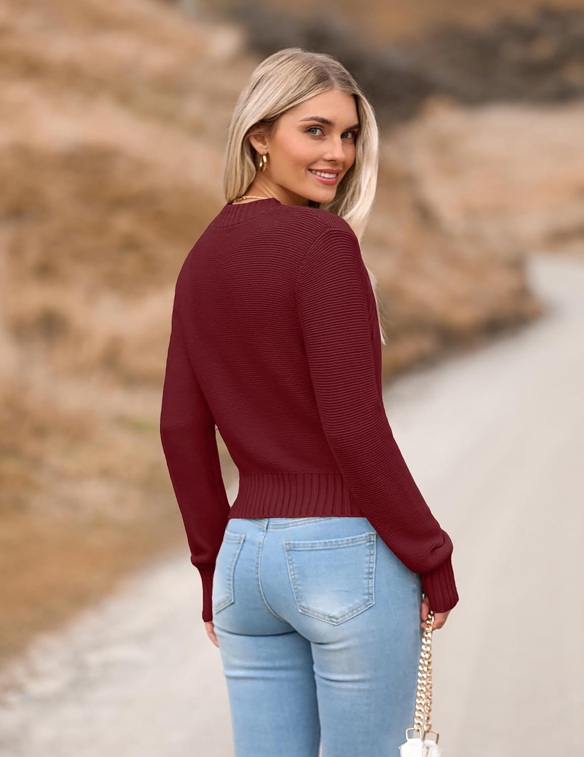 image:imageZeagoo Womens 2026 Fall Crewneck Cropped Sweaters Long Sleeve Knit TopsWine Red