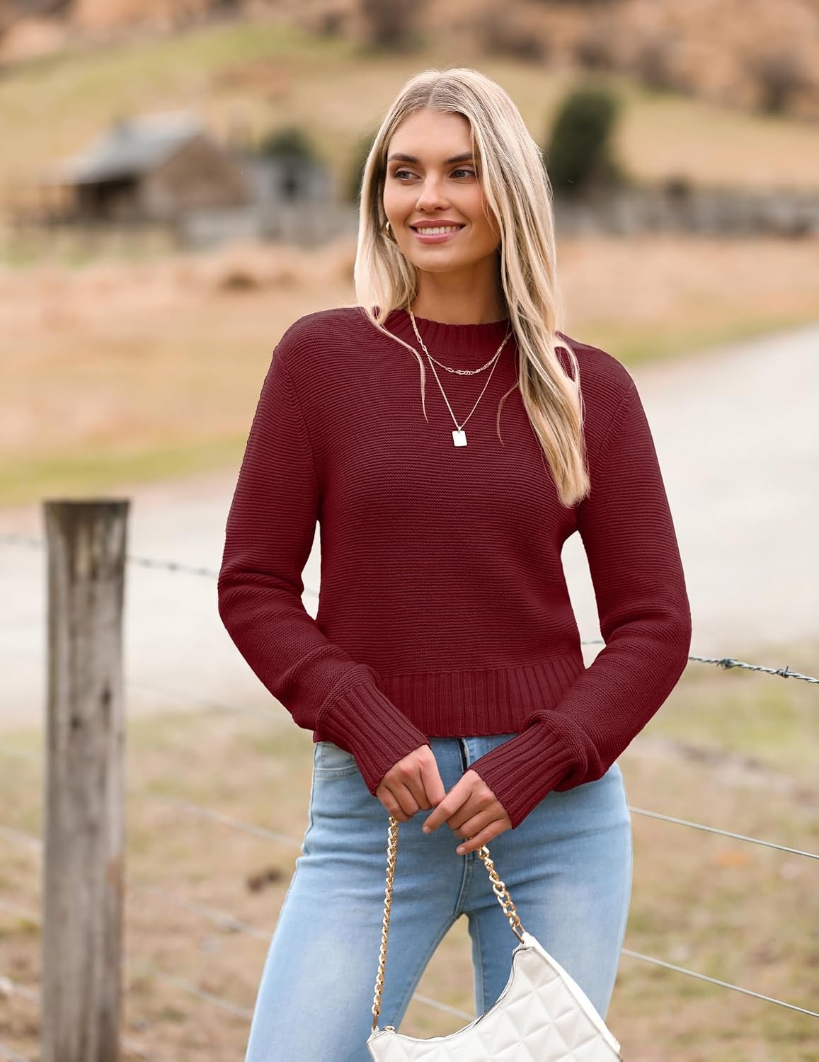 image:imageZeagoo Womens 2026 Fall Crewneck Cropped Sweaters Long Sleeve Knit TopsWine Red