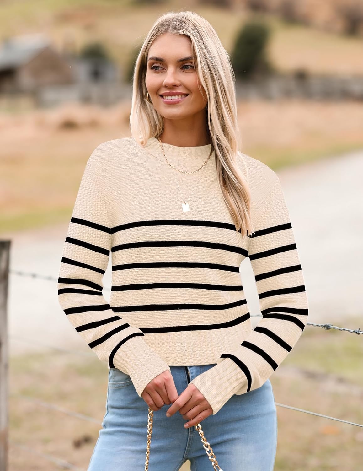 image:imageZeagoo Womens 2026 Fall Crewneck Cropped Sweaters Long Sleeve Knit TopsZapricot Black Stripe