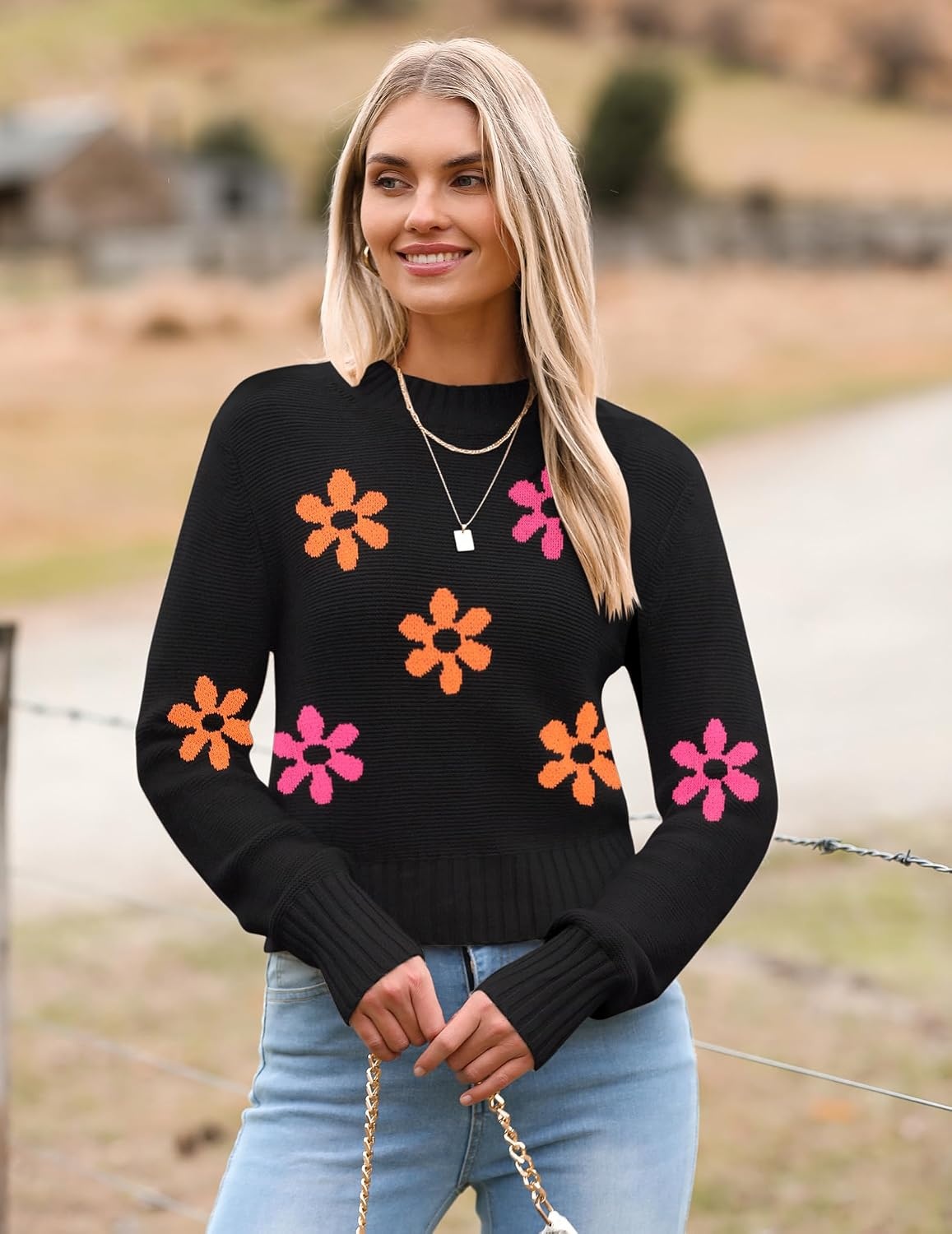 image:imageZeagoo Womens 2026 Fall Crewneck Cropped Sweaters Long Sleeve Knit TopsZblackflower