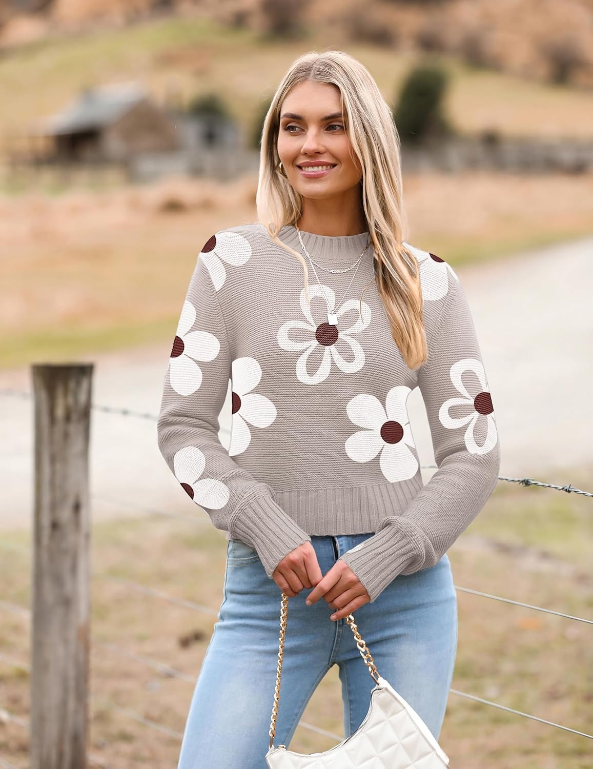 image:imageZeagoo Womens 2026 Fall Crewneck Cropped Sweaters Long Sleeve Knit TopsZfloral White