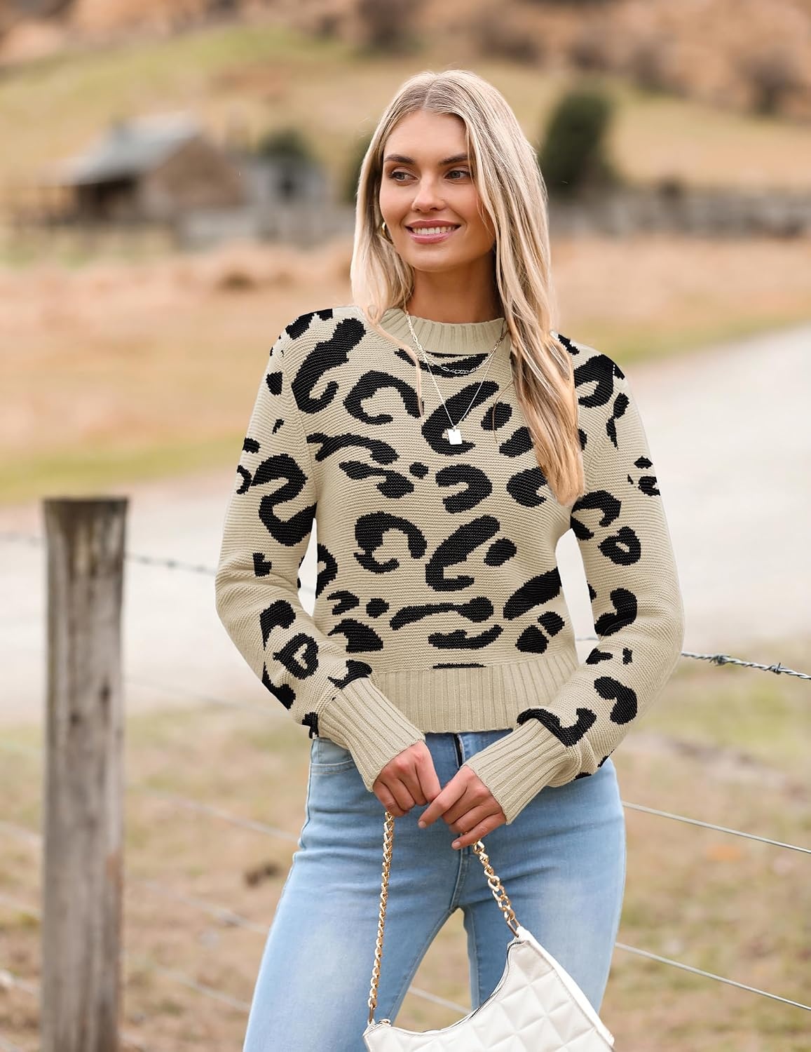 image:imageZeagoo Womens 2026 Fall Crewneck Cropped Sweaters Long Sleeve Knit TopsZleopard Print