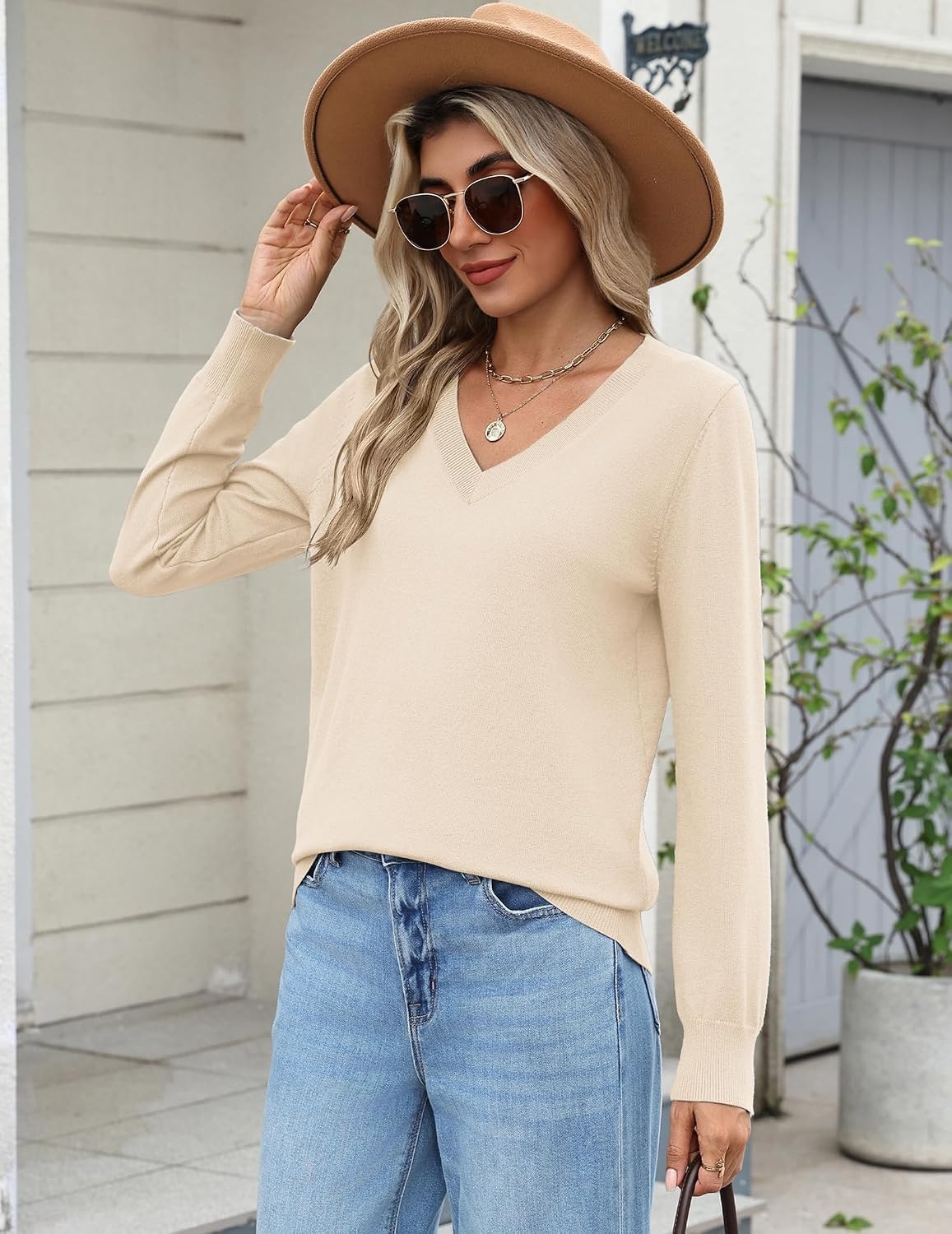 image:imageZeagoo Womens 2026 Fall Long Sleeve Sweaters V Neck Dressy Casual TopsBeige