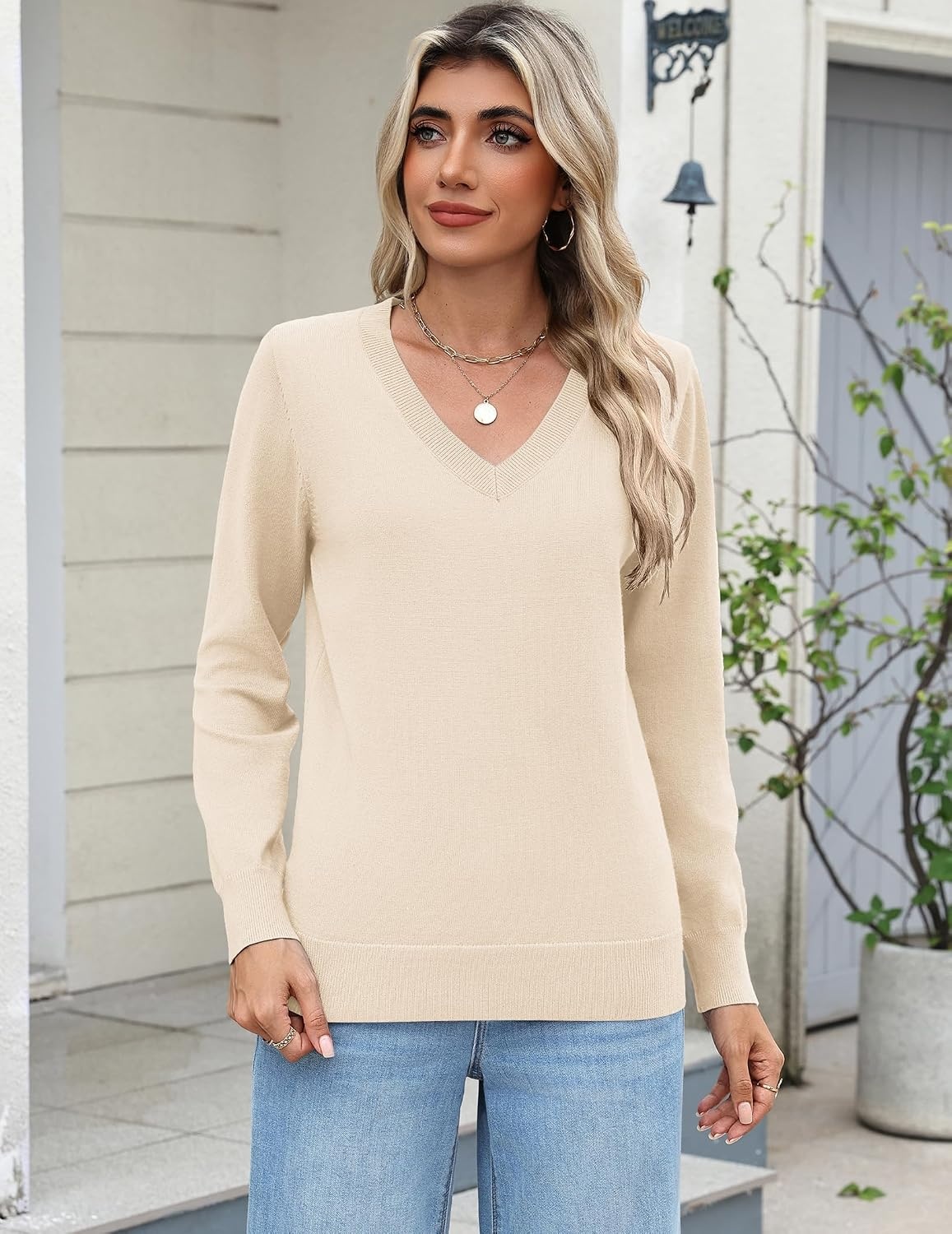 image:imageZeagoo Womens 2026 Fall Long Sleeve Sweaters V Neck Dressy Casual TopsBeige