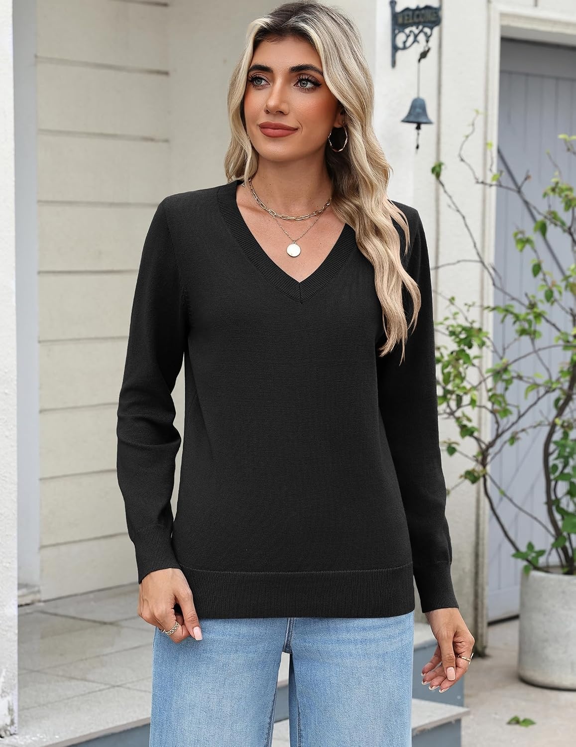 image:imageZeagoo Womens 2026 Fall Long Sleeve Sweaters V Neck Dressy Casual TopsBlack