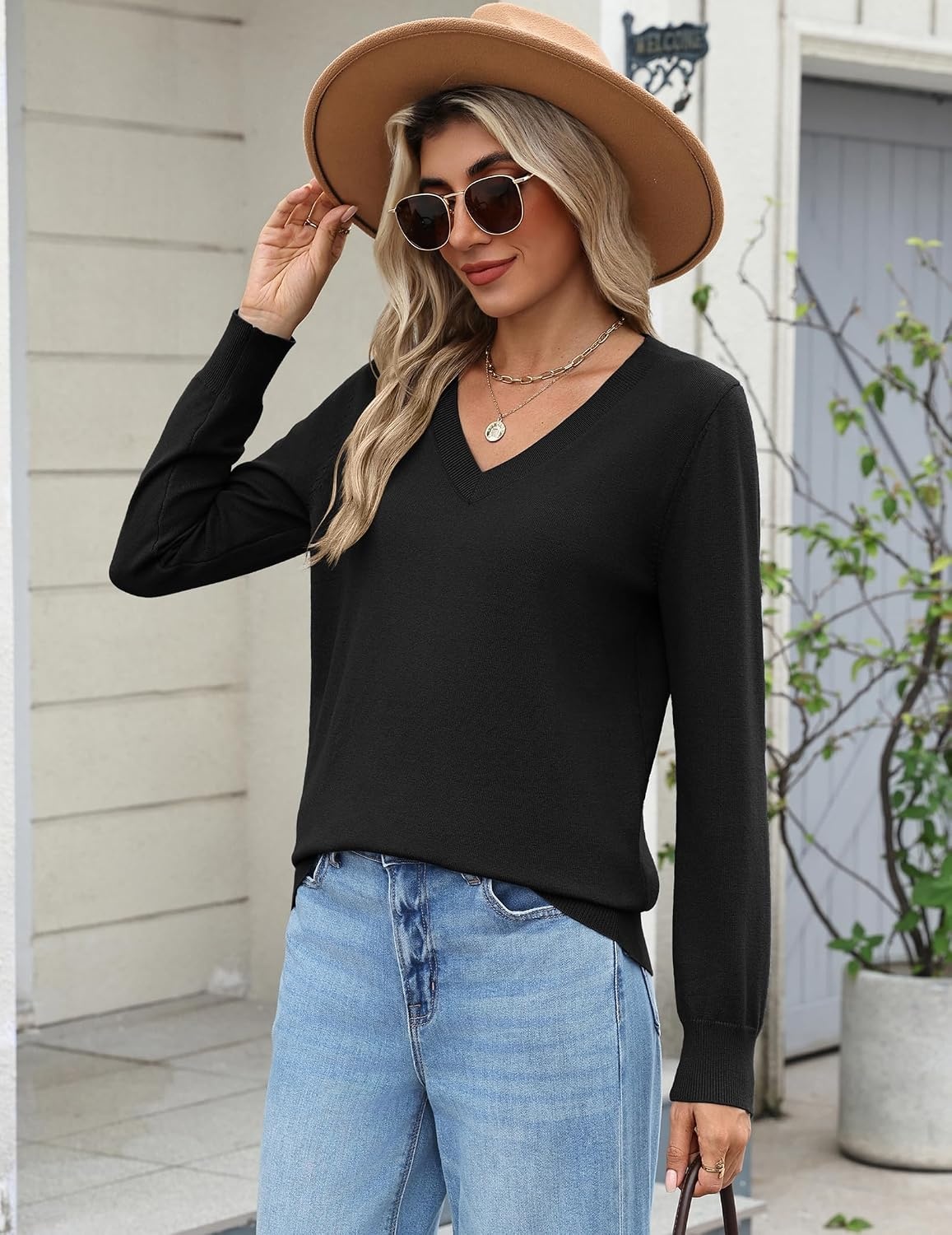 image:imageZeagoo Womens 2026 Fall Long Sleeve Sweaters V Neck Dressy Casual TopsBlack